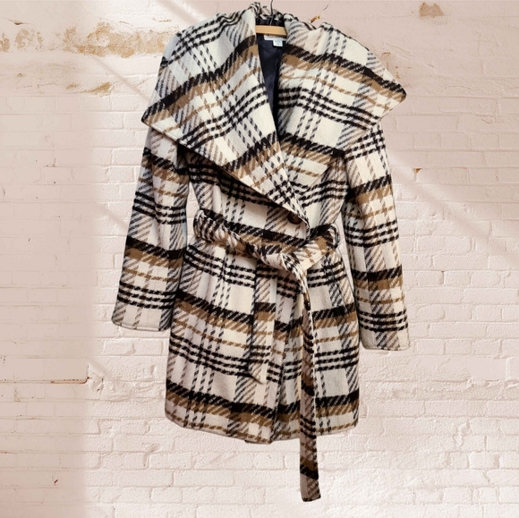 Coldwater Creek Plaid Wrap Pea Coat Size XS (4/6) In Cream + Brown - Picture 3 of 7